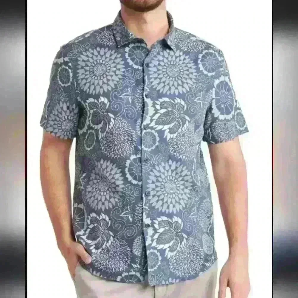 PERRY ELLIS | Men's Navy Floral Short Sleeve Linen/Cotton Button Up Shirt